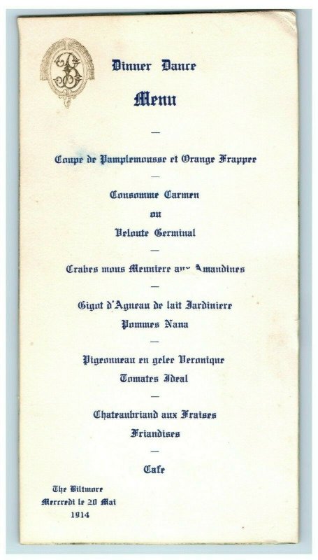 1914 The Biltmore Hotel New York Dinner Dance Menu Vintage Original 