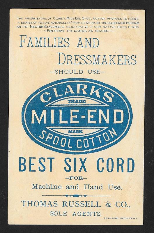 VICTORIAN TRADE CARD Clark's Mile-end Cotton Thread