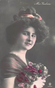 MISS GUDRUM~BEAUTIFUL YOUNG WOMAN-HAND PAINTED TRIM~1908 FRENCH PHOTO POSTCARD