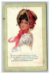 Vintage 1910 Fashion Postcard Woman in White Dress Red Roses on Bonnet