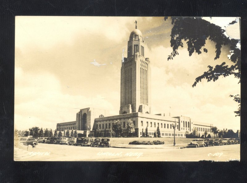 RPPC LINCOLN NEBRASKA STATE CAPITOL BUILDING OLD CARS REAL PHOTO POSTCARD