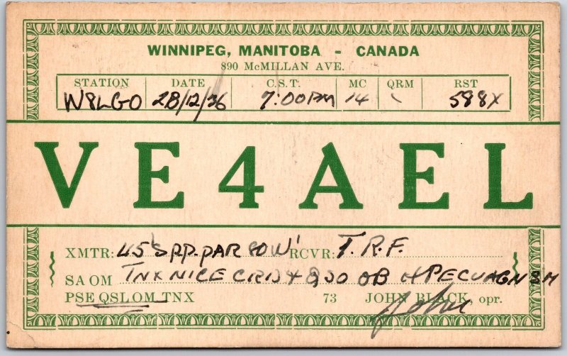 1937 QSL Radio Card VE4AEL Manitoba Canada Amateur Radio Station Posted Postcard