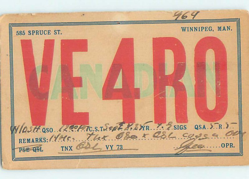 1930s QSL RADIO CARD Winnipeg Manitoba MB AH3262