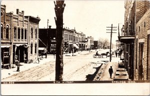 Real Photo Postcard 9th Street in Sheldon, Iowa Drug Store Restaurant Wall Paper
