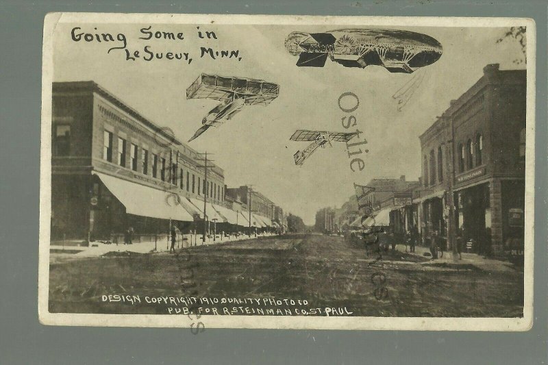 Le Sueur MINNESOTA RPPC 1910 MAIN STREET Add ON AIRSHIP Planes nr Henderson