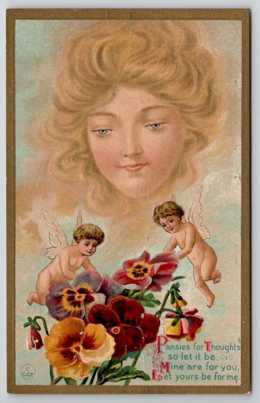 Cherub & Beautiful Woman's Face Clouds Fantasy Series 57 Emb #5 Postcard O30