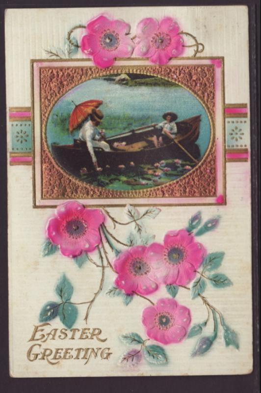 Easter Greetings,Flowers,Rowboat Postcard