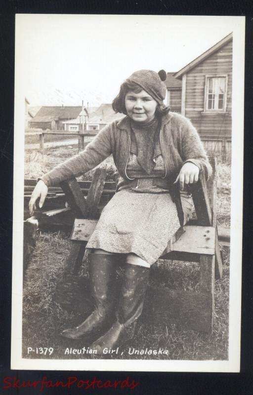 RPPC UNALASKA DUTCH HARBOR ALASKA ALEUTIAN GIRL VINTAGE REAL PHOTO POSTCARD