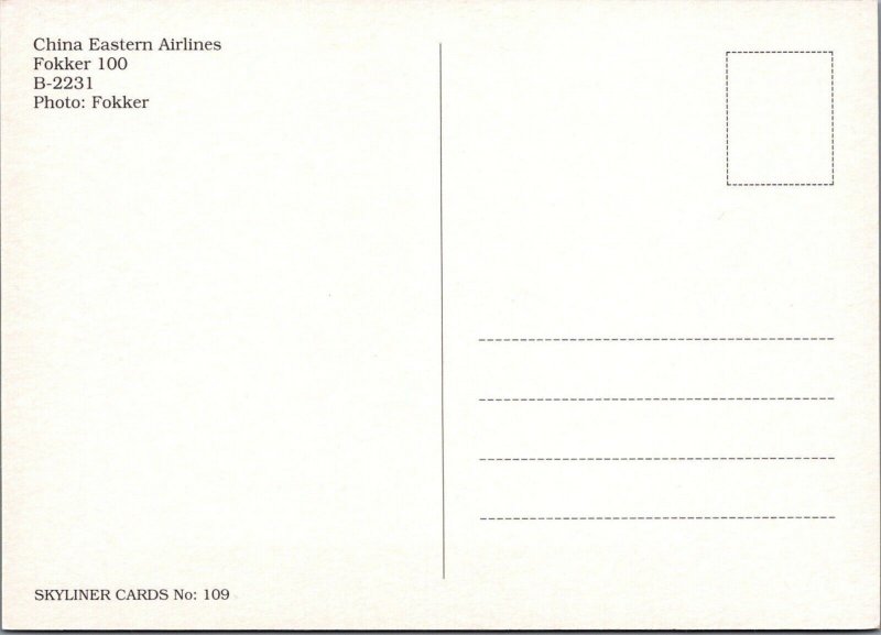 Aviation Postcard - China Eastern Airlines Fokker 100 B-2231 Aeroplane  RR13545