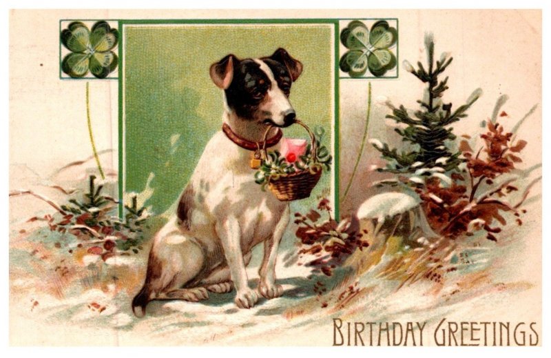 Dog , With Flowers , 4 leaf Clover, Birthday Greetings