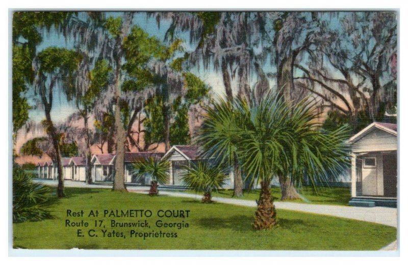 BRUNSWICK, Georgia GA ~ Roadside PALMETOO COURT Motel 1954 Linen Postcard