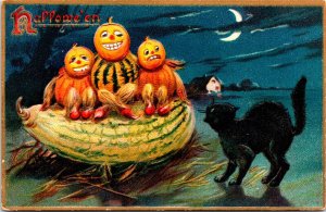 Tucks Pumpkin Vegetable Men, Scary Black Cat  & Moon Vintage Halloween Postcard