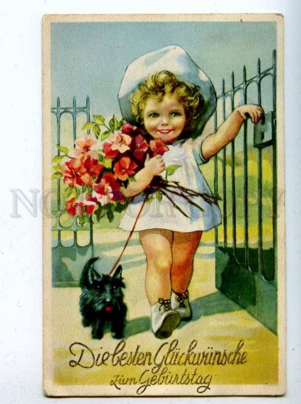 206763 Little Girl White Dress SCOTTISH TERRIER Vintage PC