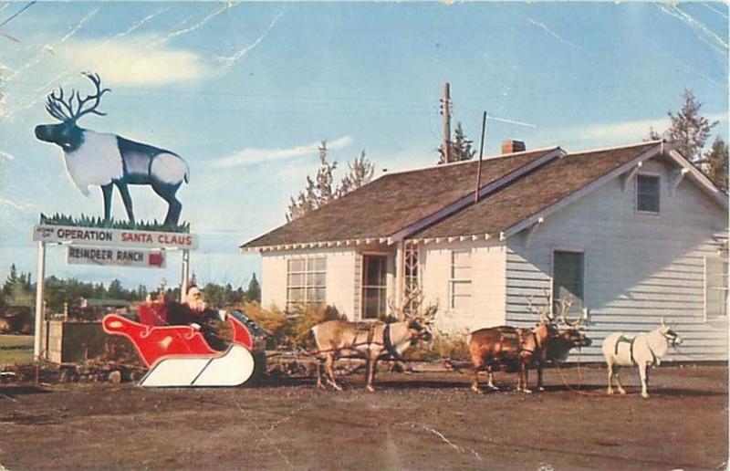 Redmond OR Santa Claus Ranch, Santa, Reindeer, Sleigh Vintage Chrome Postcard