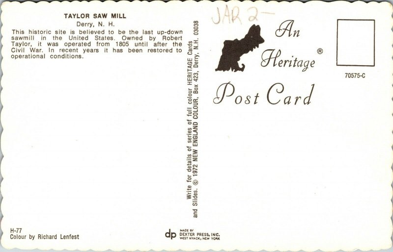 Taylor Saw Mill Derry New Hampshire NH Postcard Dexter VTG UNP Vintage Unused  