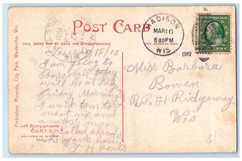 1910 Prehistoric Mounds City Park Exterior Waukesha Wisconsin Vintage Postcard