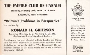 Empire Club of Canada Toronto Ontario Ronald Grierson Speaker 1968 Postcard H59