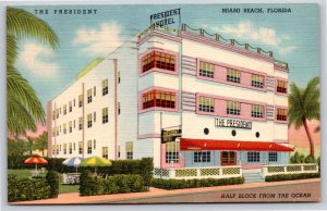Miami Beach Florida~President Hotel~Half Block From Ocean~1958 Linen Postcard