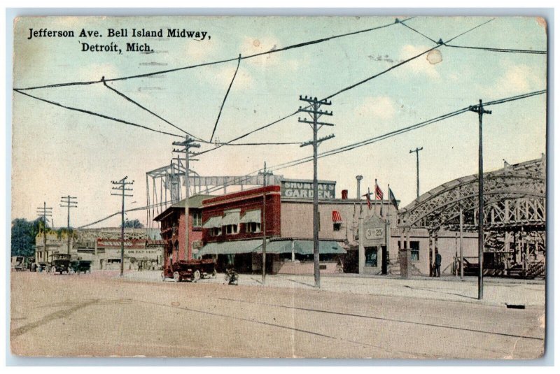 1915 Jefferson Avenue Bell Island Midway Cars Scene Detroit Michigan MI Postcard