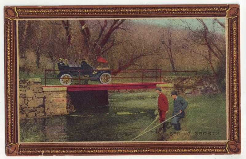 P823 old boarder card spring sports, fishing with old car passing over bridge