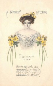 Birthday Greeting Buttercups (Riches) Woman, Flowers c1910s Art Vintage Postcard
