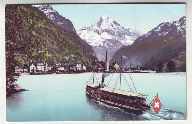 P210 JL old postcard Fluelen und der Bristenstock boat swiss