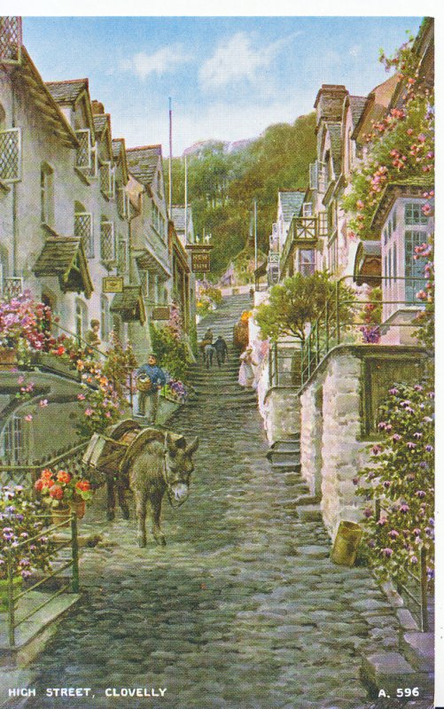 Devon Postcard - High Street - Clovelly - Showing Donkey      A4593