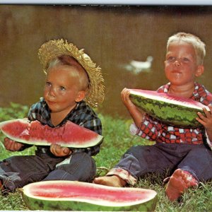 c1960s Cute Young Men Eating Watermelon Farm Boys Chrome Little Farmer Kids A312