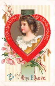 VALENTINE HOLIDAY GIRL HEART TO THE ONE I LOVE EMBOSSED POSTCARD (c. 1909)