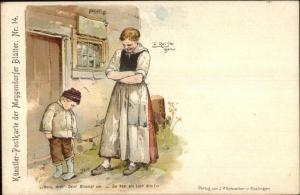 Little German Boy Hans & Mother - Hole in Stocking F. REILS c1900 Postcard