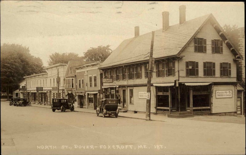 Dover-Foxcroft ME North St. Cars Stores Signs 1920s Real Photo Postcard