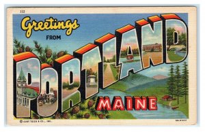 Large Letter Linen ~ PORTLAND, ME Maine 1947 Curteich Cumberland County Postcard
