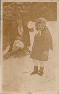 Mother and Child Hat Gloves Coat in Snow RPPC Postcard A24