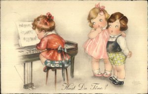 Cute Kids Playing Piano HAST DU TONE? German Luftpost Cancel Postcard