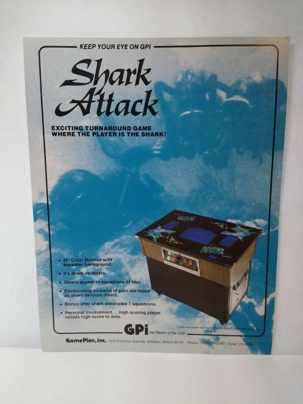 Shark Attack Arcade Flyer Original Game Plan Promo Art Killer Sharks 8.5 x 11 