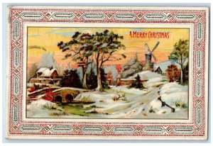 1915 Merry Christmas House Winter Windmill P. Sander Embossed Antique Postcard