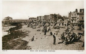 Tuck's Real Photograph Postcard England Worthing beach and Bandstand West Sussex