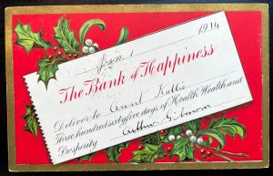 Vintage Victorian Postcard 1914 The Bank of Happiness - Red Card