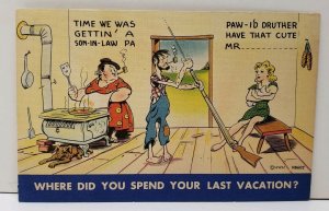 Humor Where did you go on your Vacation Ma & Pa asks Daughter Linen Postcard C17