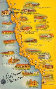 CALIFORNIA MISSIONS MAP Santa Cruz San Diego San Luis Obispo Vintage Postcard