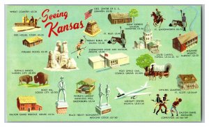 Seeing Kansas Vintage Standard Multi View Map Type Postcard 