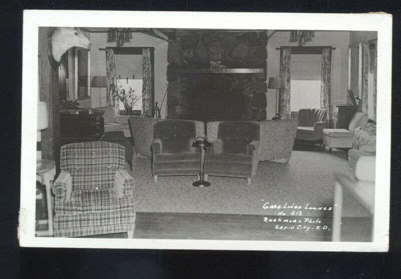 RPPC RAPID CITY SOUTH DAKOTA GAME LODGE INTERIOR FURNITURE REAL PHOTO POSTCARD