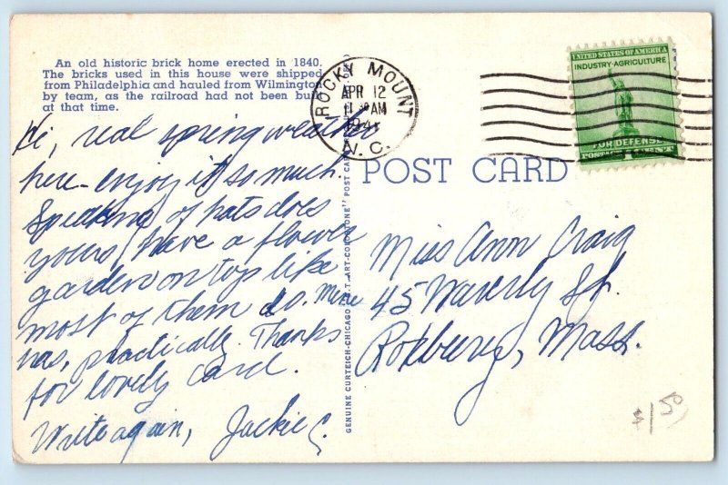 Rocky Mount North Carolina NC Postcard Old Lewis Home Exterior 1941 Vintage