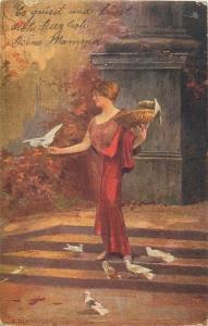 Liebesboten E. Schneider signed beauty maiden with doves 1920s