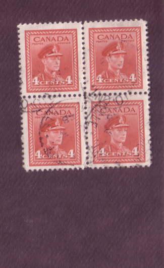 Canada, Used Block of Four, George VI, 4 Cent, Scott #254