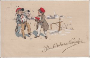 New Year 1911 greetings comic drawn children funny champagne cork accident