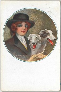 46125  ELEGANT VINTAGE POSTCARD: Glamour, Ladies,  Dogs, 1918  C. Monestier 