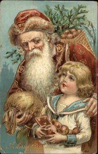 Christmas Santa Claus with Little Boy Gilt Inlay Embossed c1910 Postcard