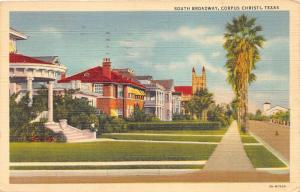 Corpus Christi Texas~South Broadway~Beautiful Houses~Church Bknd~1942 Postcard