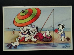 Artist Drawn Cute Little DRESSED DOGS & FISHING by Mary Daester c1920 Postcard
